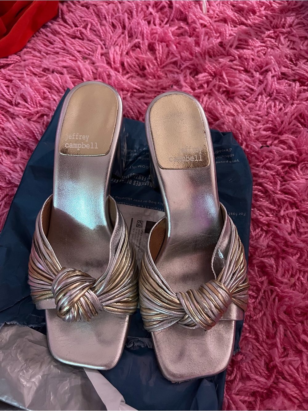 Jeffrey Campbell gold & silver Metallic Knot Slide heels
